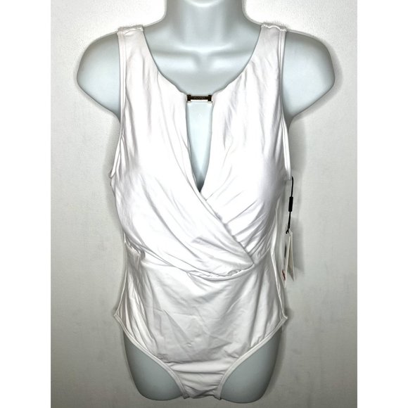 Calvin Klein $108 High Neck Tummy Control One Piece Swimsuit White Size 10 - Picture 2 of 6